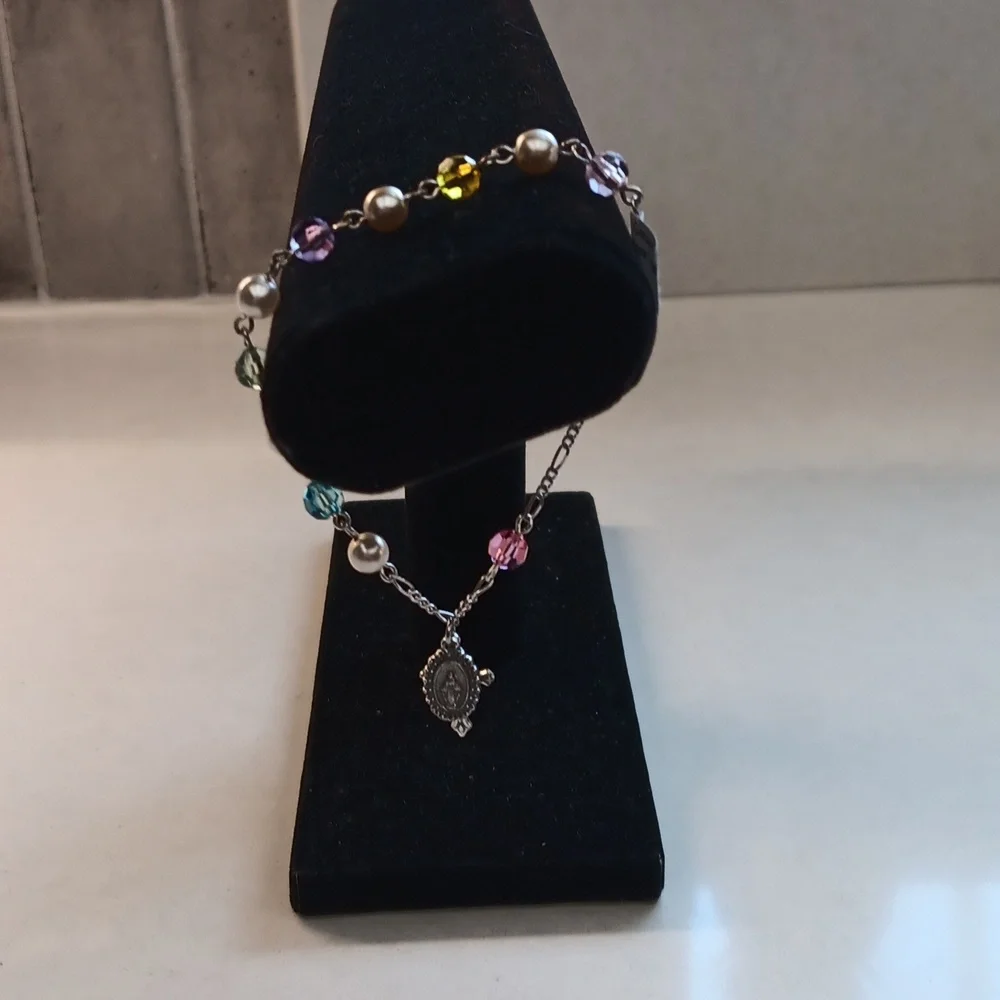 Genuine TINCUT Multi-color Crystal and Faux Pearl SilverTone Bracelet NIB